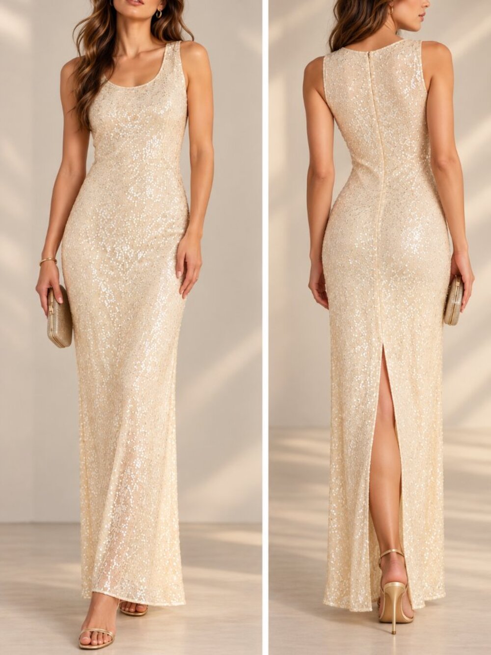 Magaschoni Ivory Sequin Silk Lined Maxi Evening Gown Size 4 NWT